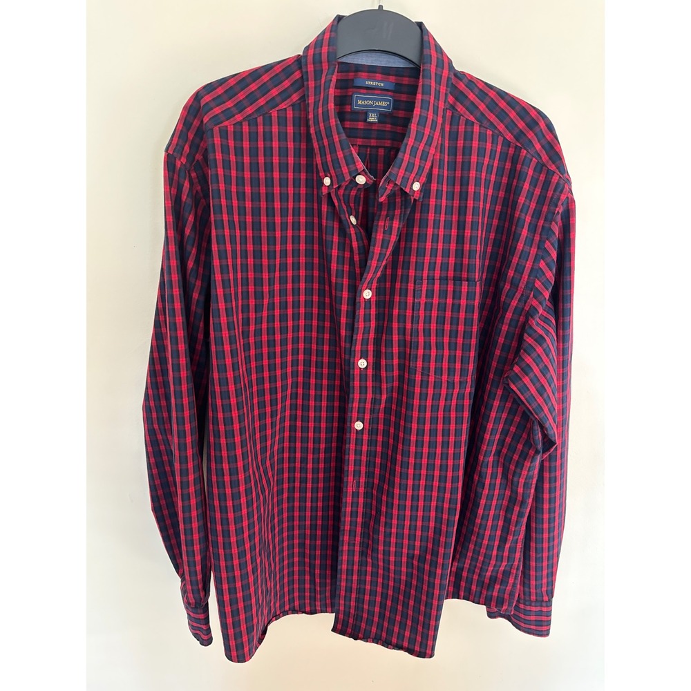 Mason James Mens XXL Red Navy Blue Plaid Stretch Button Down Shirt Long Sleeve